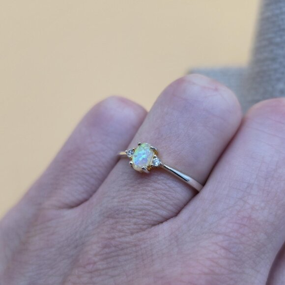 Size 8.25 Gold Over Sterling Silver Small Opal With CZ Accents Ring A5335 - Picture 5 of 9